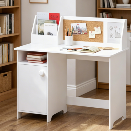 White wooden kids study desk equipped with overhead shelf and storage cabinet. Designed for children aged 3 to 8, it serves as a practical writing and computer workstation for boys and girls.