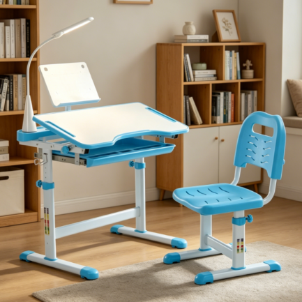 Blue ergonomic kids desk and chair set features height-adjustable frame and tilting tabletop. It comes with a book stand, LED lamp, metal hook and storage drawer, fully functional for daily study use.