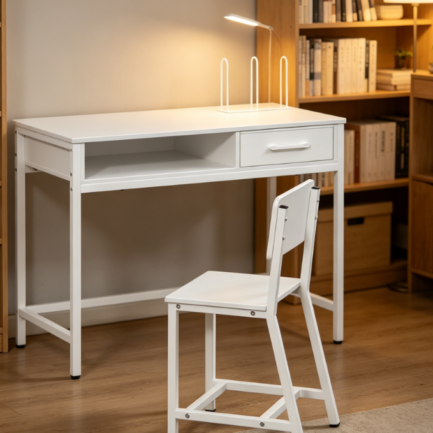 White wooden kids study desk paired with a matching chair. Built with book organizer and fabric storage drawer, it is a great pick for study areas, kids’ rooms and bedrooms.