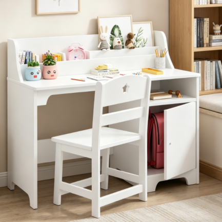 All-wood white kids study desk set includes a hutch and storage cabinet. Combined with a chair, it acts as a multi-purpose writing and computer workstation, perfect for kids’ bedrooms and study rooms.