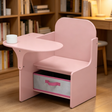 Certified kids chair-desk combo with built-in storage bin, styled in elegant dusty rose tone.