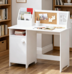 White wooden kids study desk equipped with overhead shelf and storage cabinet. Designed for children aged 3 to 8, it serves as a practical writing and computer workstation for boys and girls.