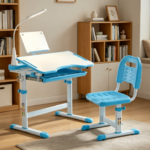 Blue ergonomic kids desk and chair set features height-adjustable frame and tilting tabletop. It comes with a book stand, LED lamp, metal hook and storage drawer, fully functional for daily study use.