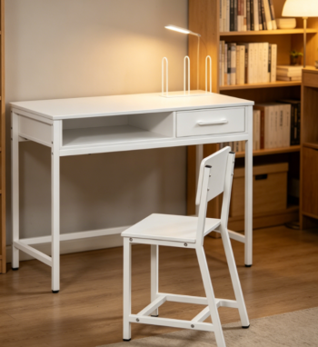 White wooden kids study desk paired with a matching chair. Built with book organizer and fabric storage drawer, it is a great pick for study areas, kids’ rooms and bedrooms.