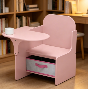 Certified kids chair-desk combo with built-in storage bin, styled in elegant dusty rose tone.
