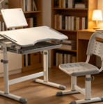 Grey ergonomic desk and chair set for kids supports height adjustment and tilting tabletop. Integrated with book stand, LED light, metal hook and storage drawer, it meets diverse study needs for boys and girls.